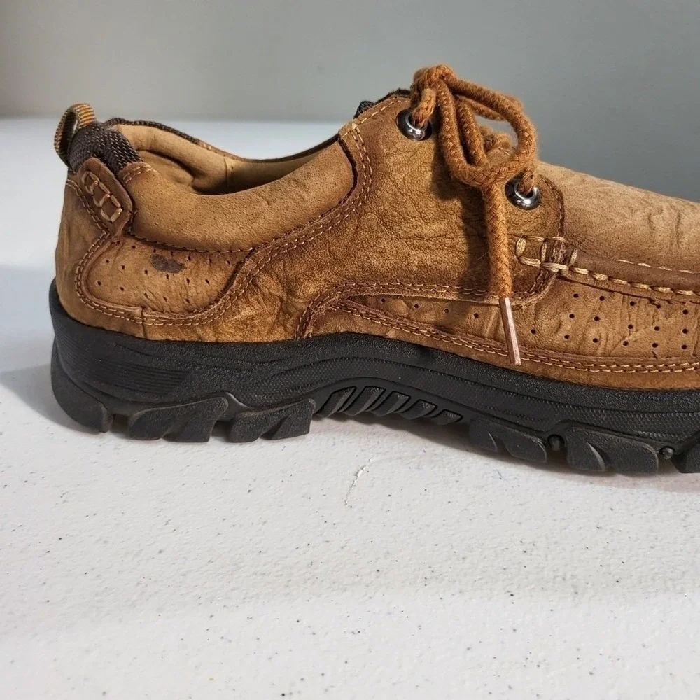 Fashion Mens Brown Textured Leather Moc Toe Oxford Hiking Shoes Lug Sole Brown